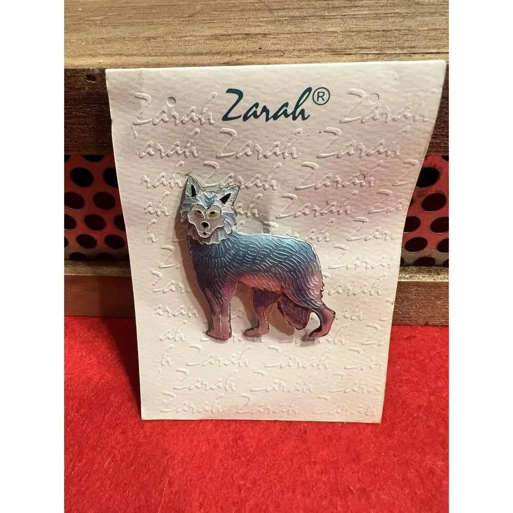 Vintage Zarah Artisan Blue Wolf Sterling Silver 925 Enamel Brooch Pin